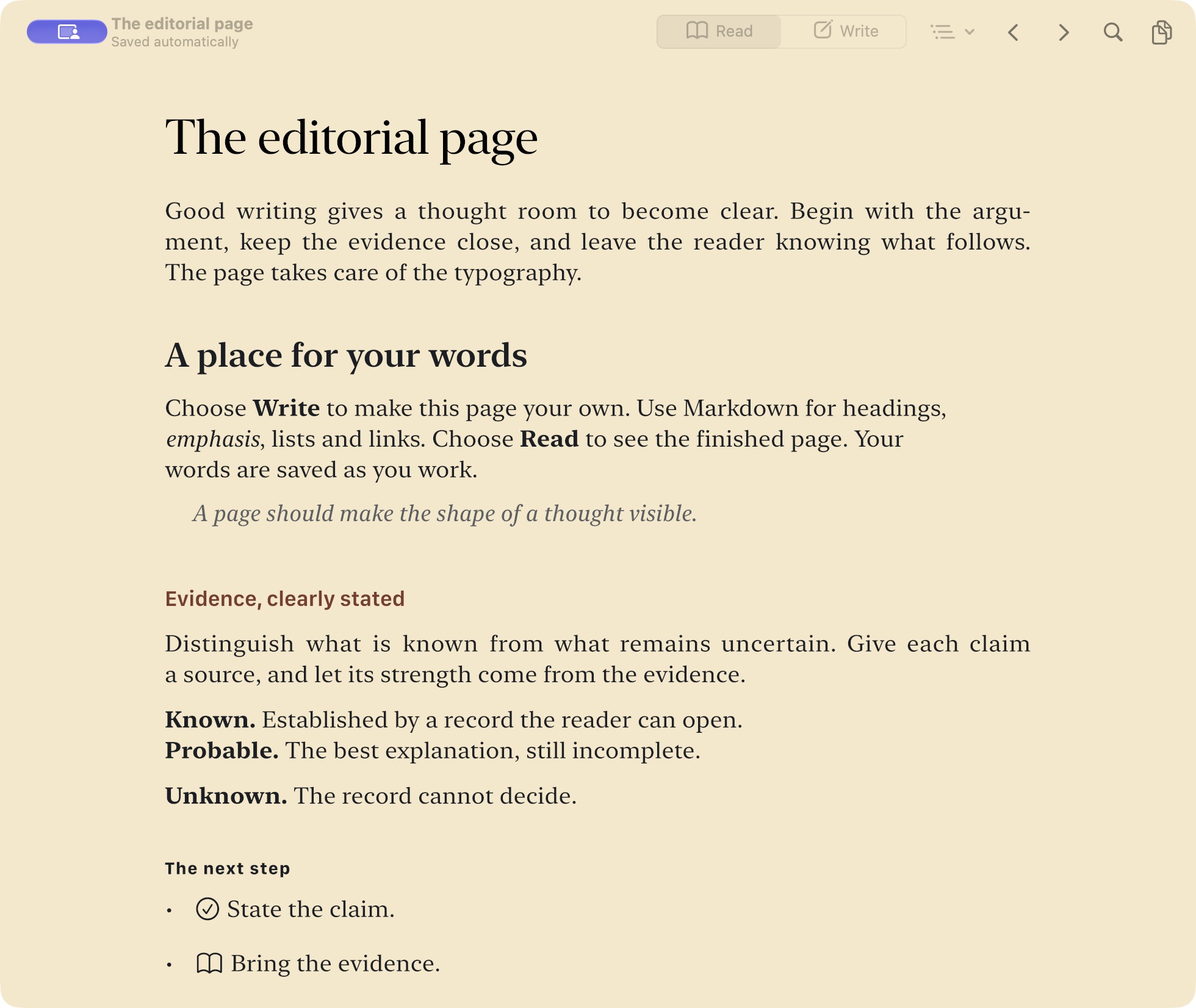 elle on Mac showing a warm paper-colored reading page with headings, quotations, and lists.